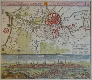 Gdańsk, panorama i plan okolic "DANTZIG" "DANTISCUM" Homann 1739